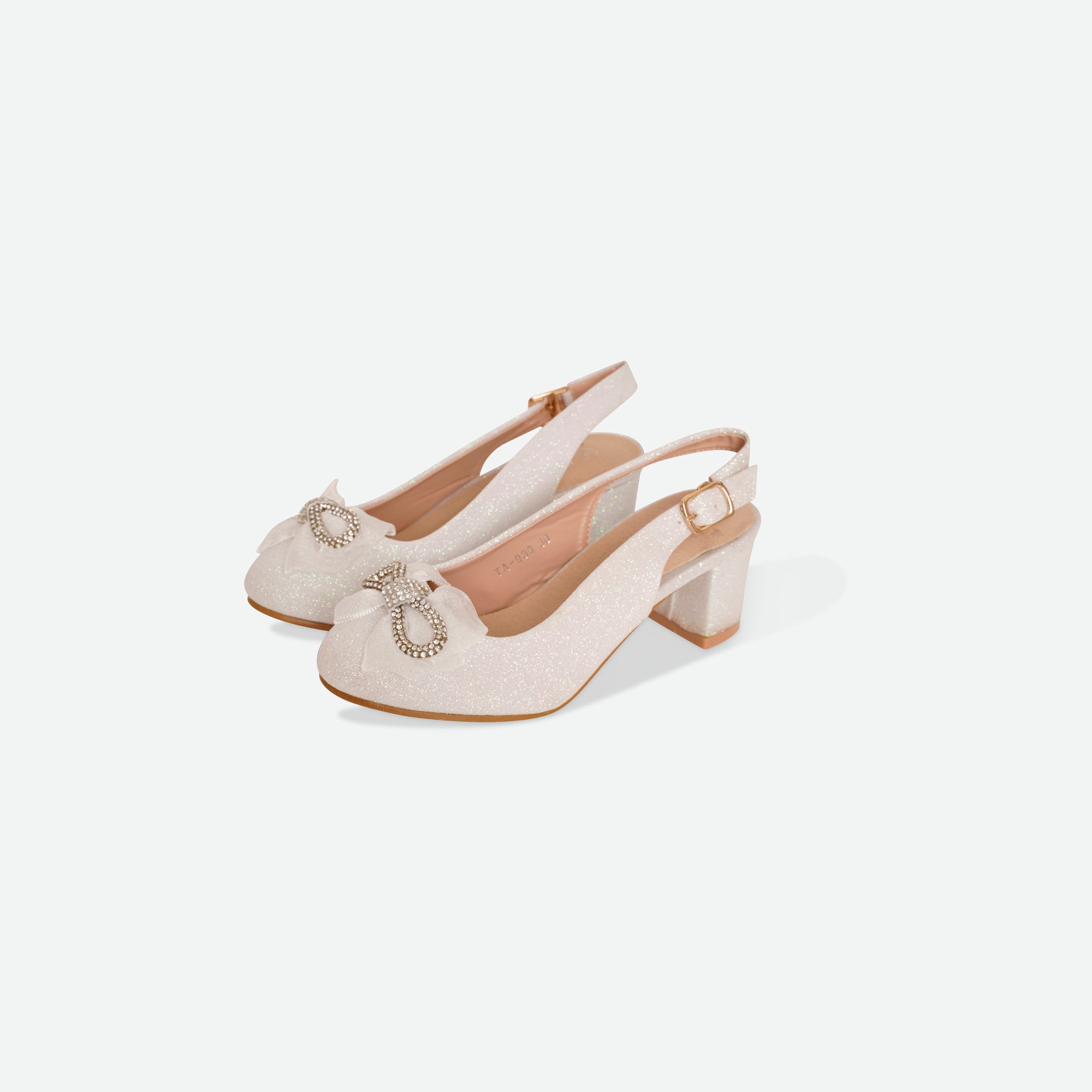 BEAU- White Glitter bow block heel shoe