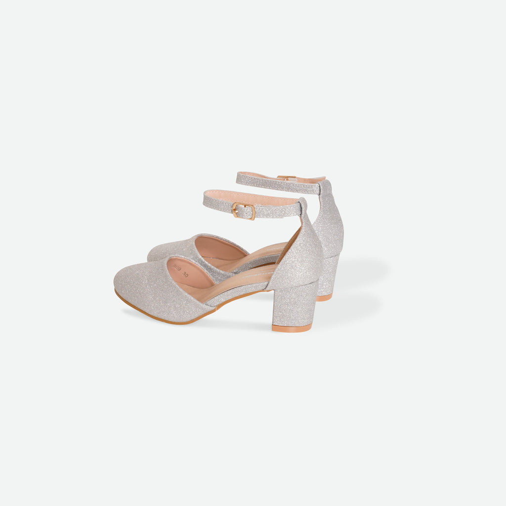SHIMMER- Silver Glitter block heel shoe