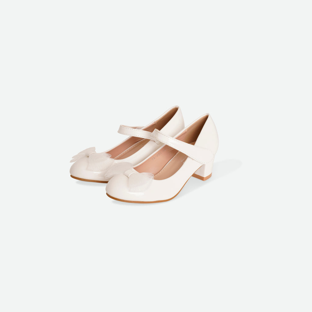 SKYE- White Patent bow block heel