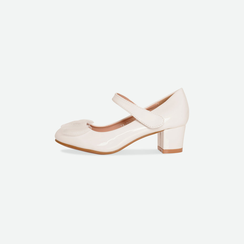 SKYE- White Patent bow block heel