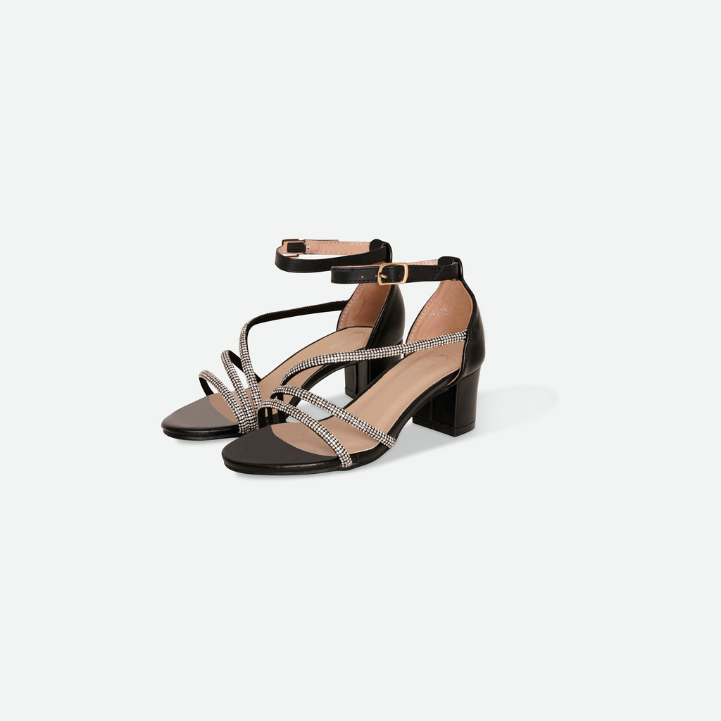 TINA- Black Multi-strap block heel sandal.