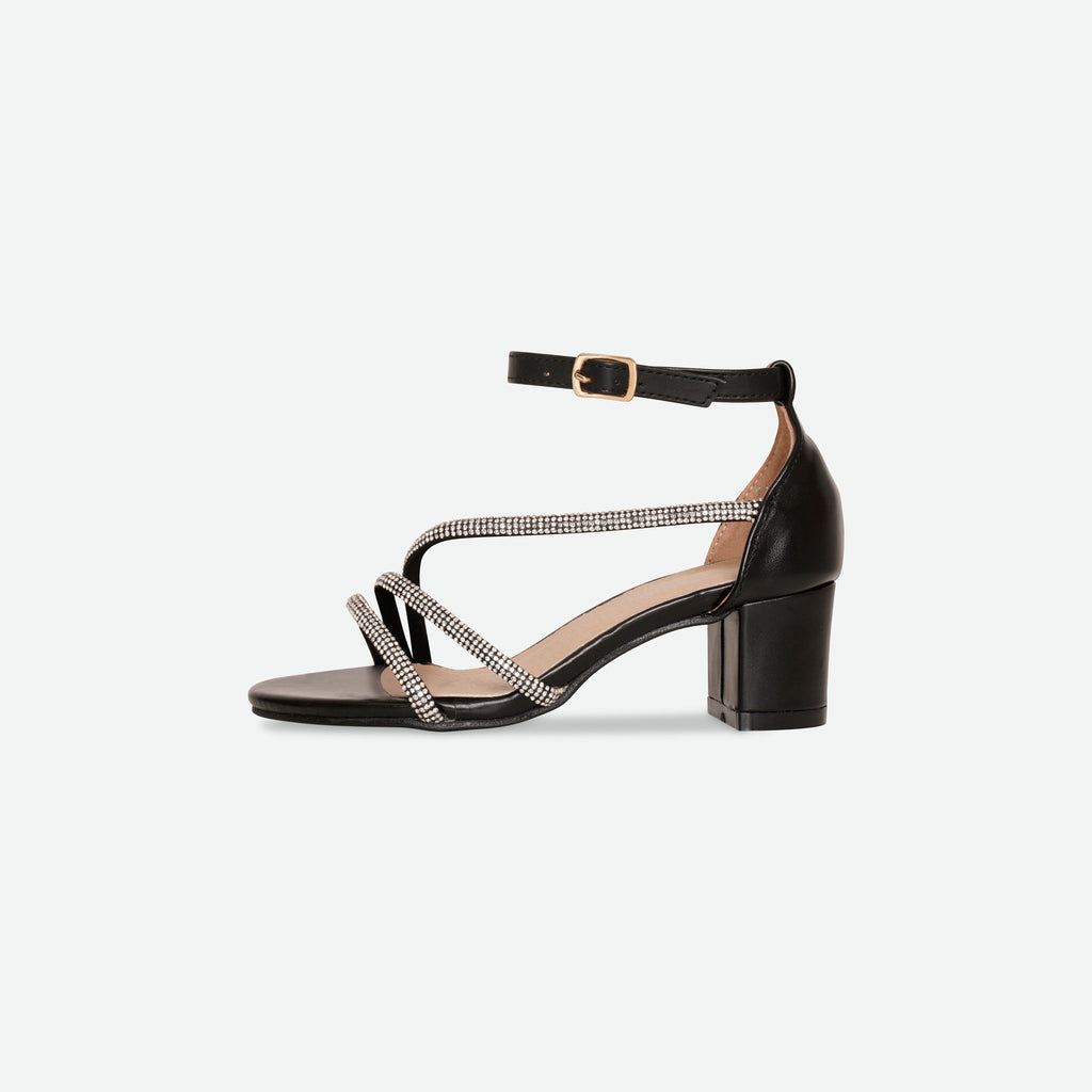TINA- Black Multi-strap block heel sandal.