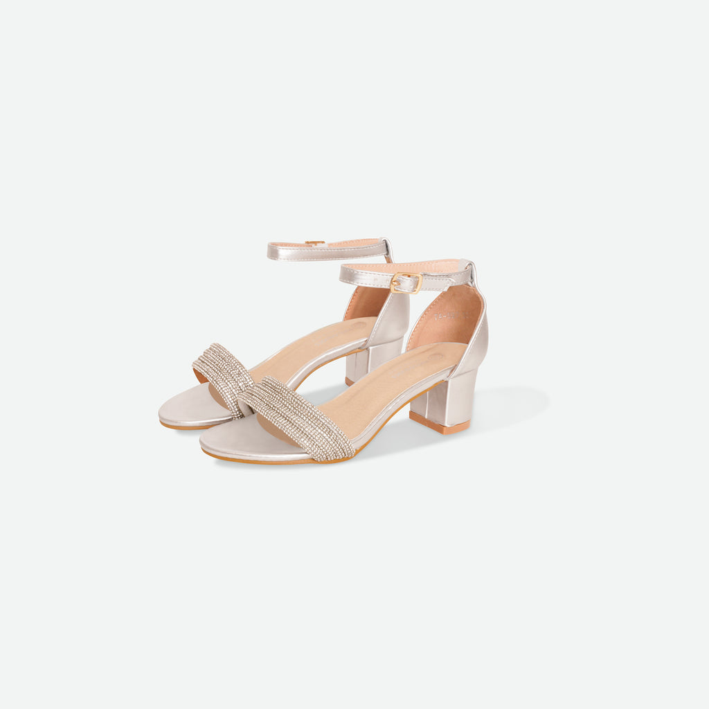 BELLA- Silver diamante block heel sandal