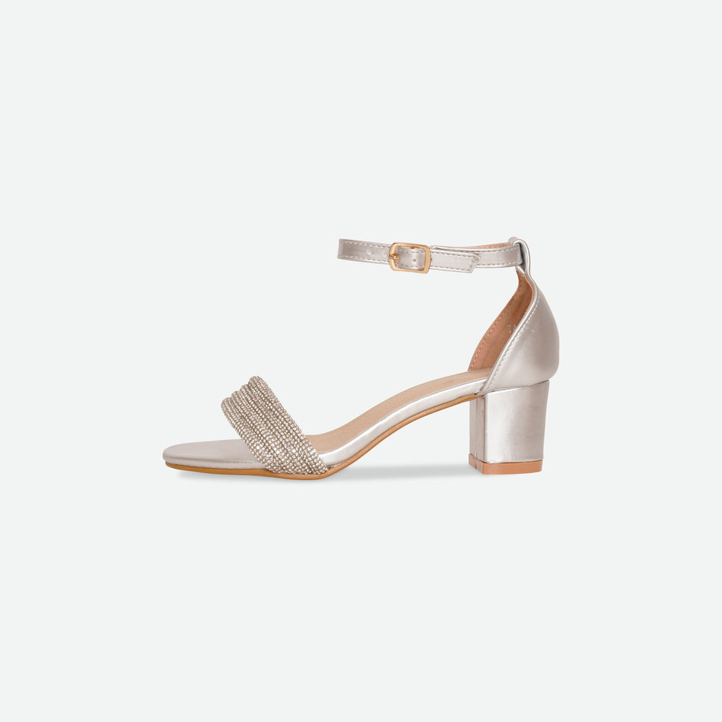 BELLA- Silver diamante block heel sandal