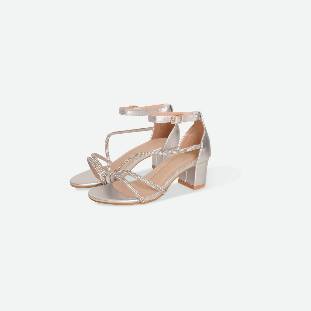 TINA-Silver Multi-strap block heel sandal.