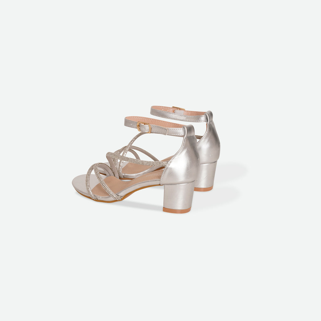 TINA-Silver Multi-strap block heel sandal.