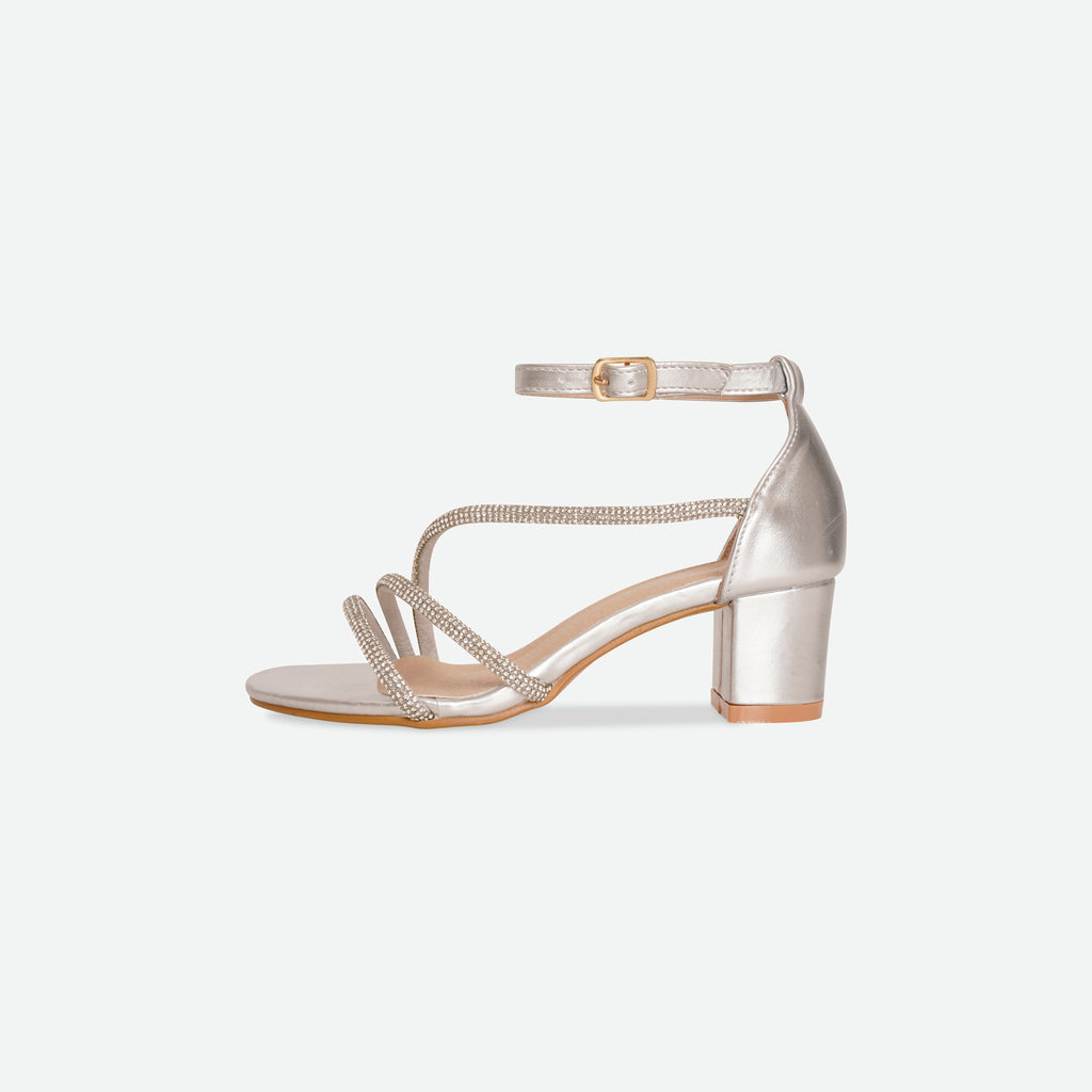 TINA-Silver Multi-strap block heel sandal.