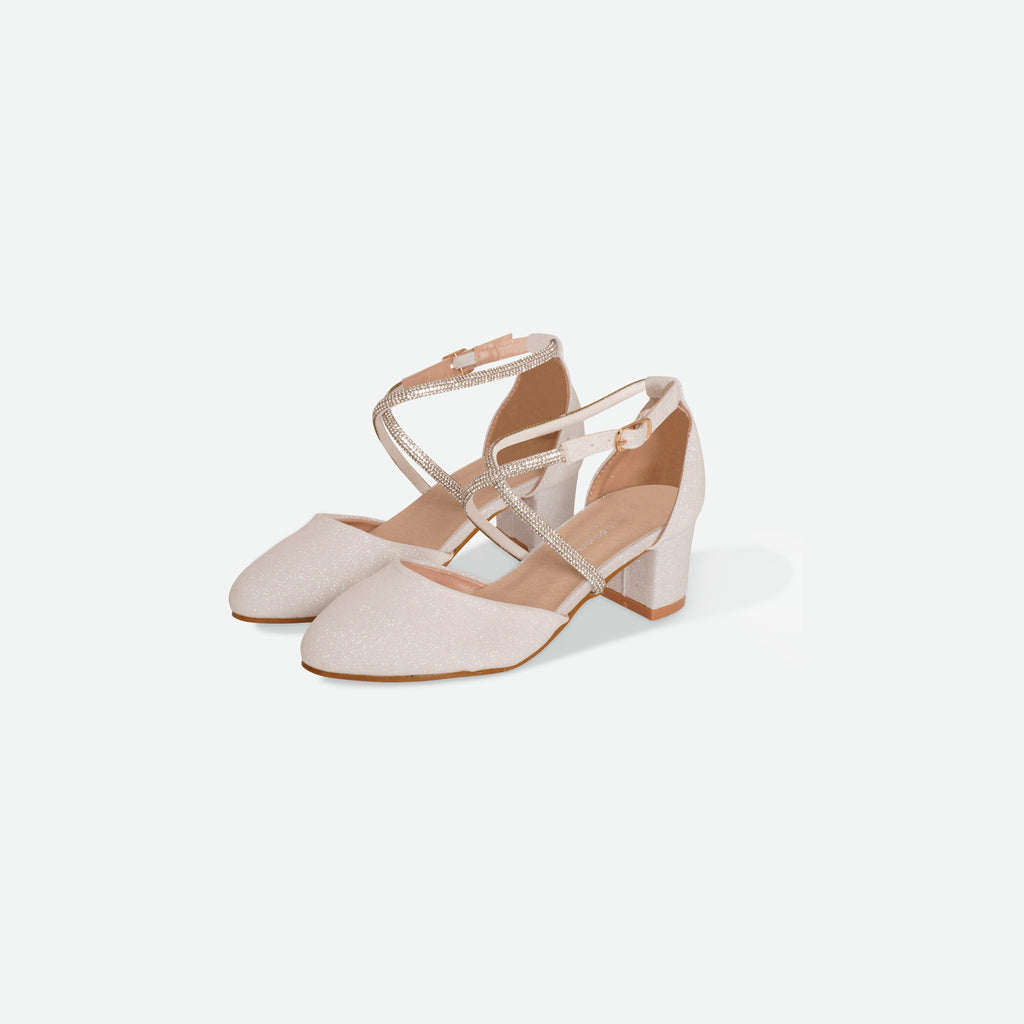 LYDIA- White Glitter block heel shoe