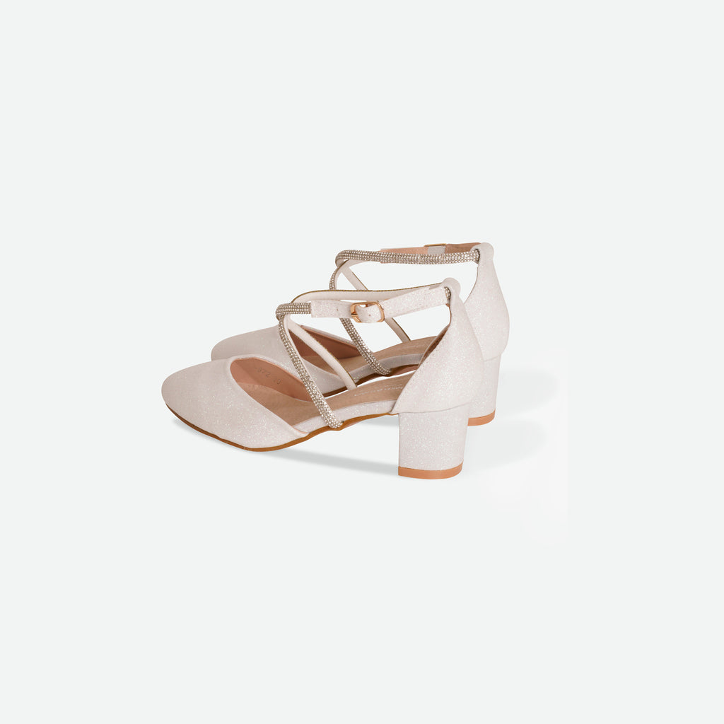 LYDIA- White Glitter block heel shoe