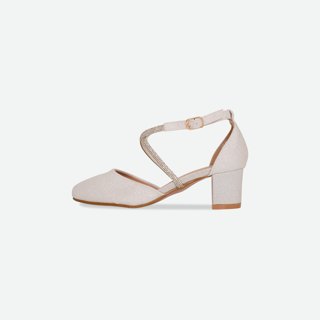 LYDIA- White Glitter block heel shoe