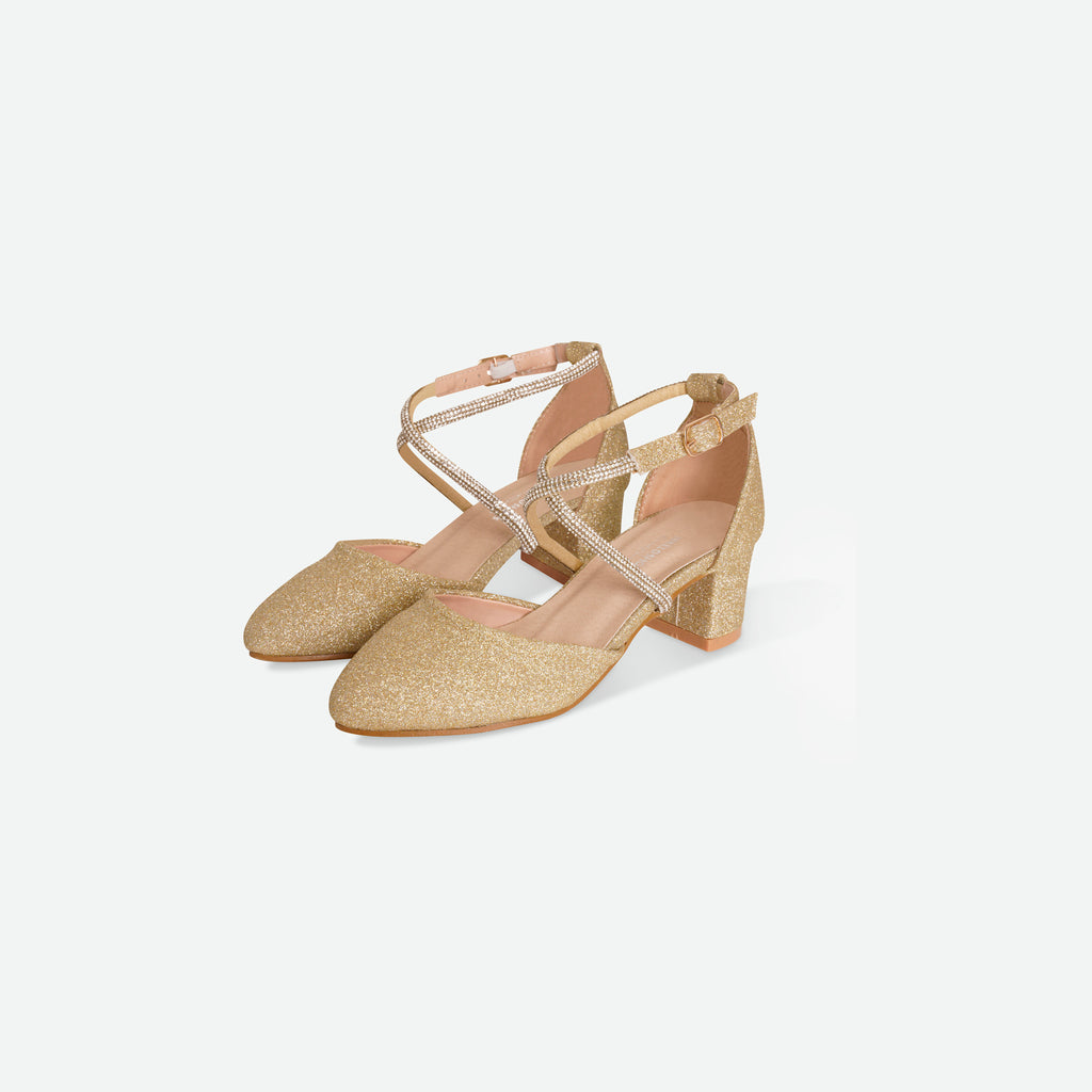 LYDIA- Gold Glitter block heel shoe