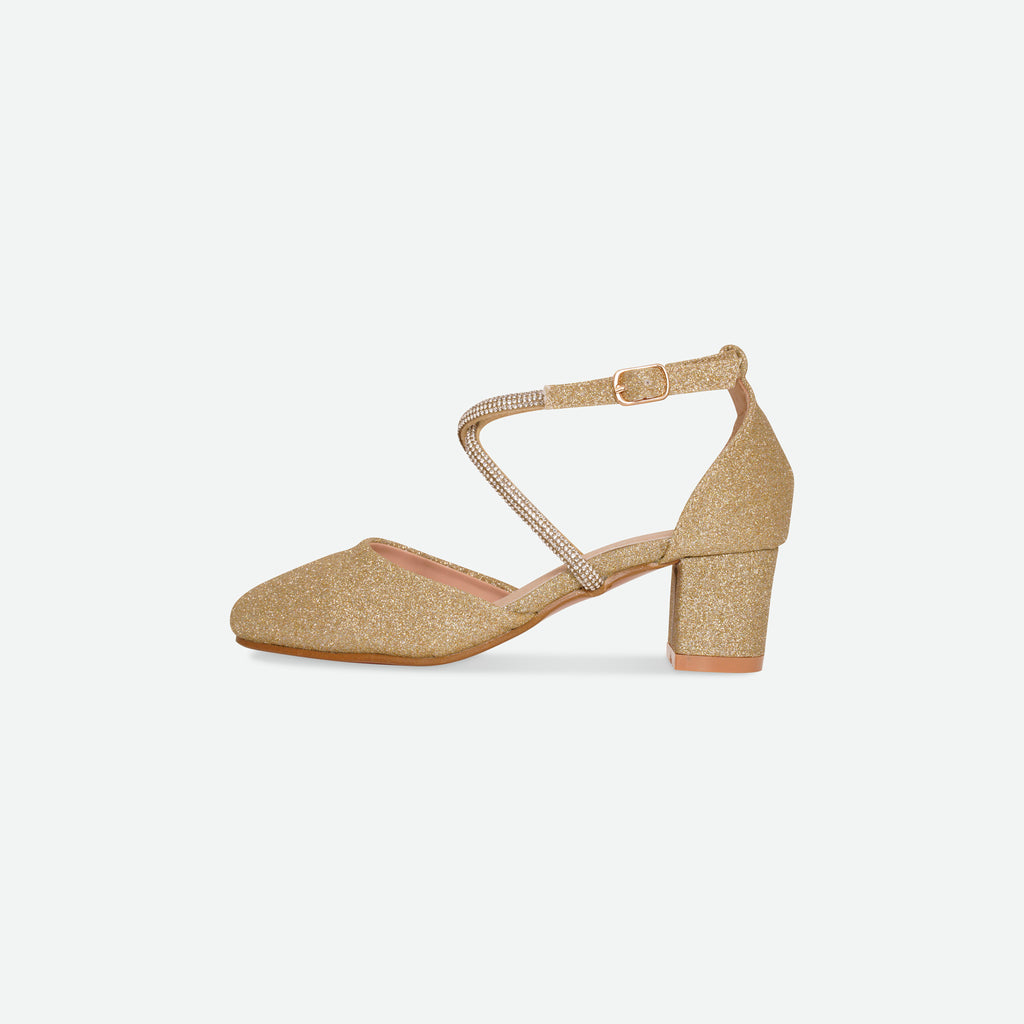 LYDIA- Gold Glitter block heel shoe