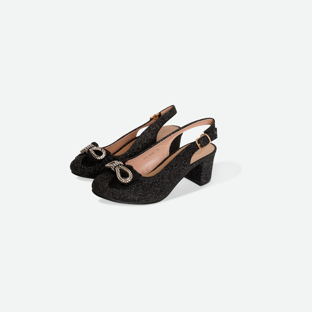 BEAU- Black Glitter bow block heel shoe