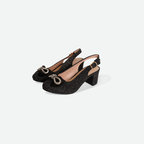 BEAU- Black Glitter bow block heel shoe