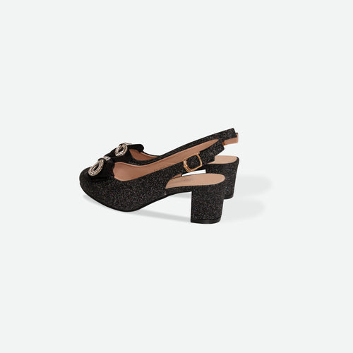 BEAU- Black Glitter bow block heel shoe