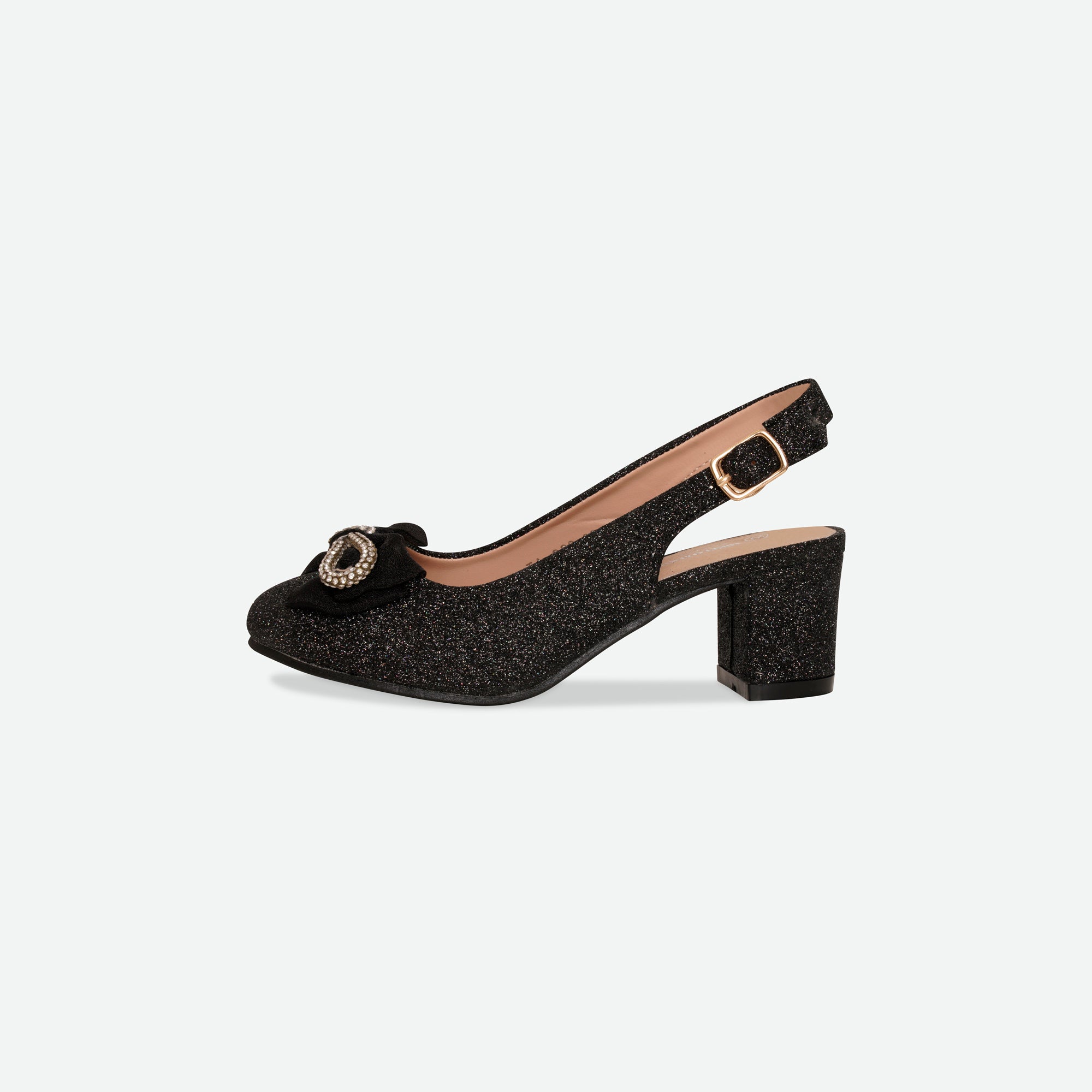 BEAU- Black Glitter bow block heel shoe