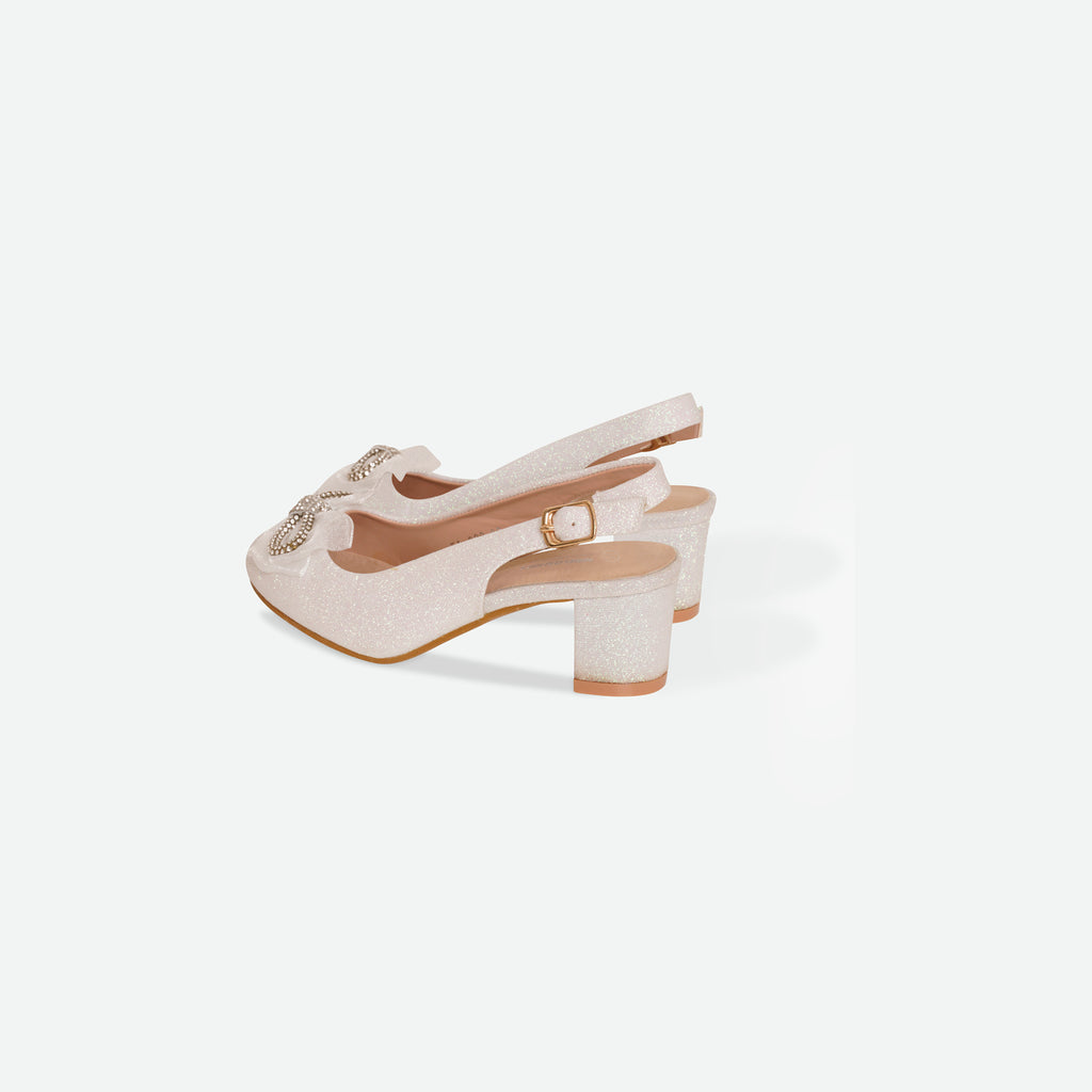 BEAU- White Glitter bow block heel shoe